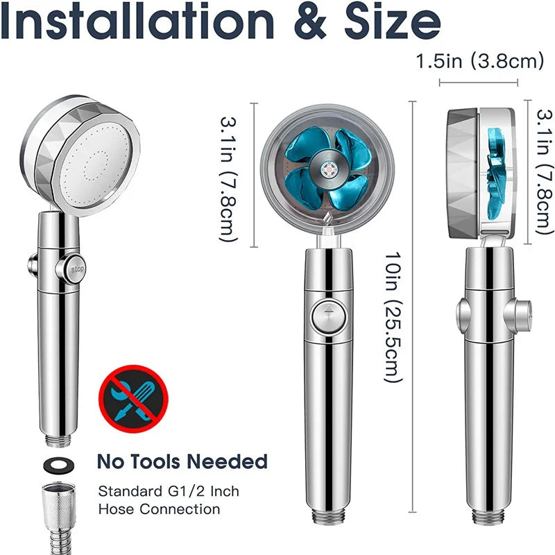 High-Pressure Turbo Shower Head – 360° Rotating, and Water Saving