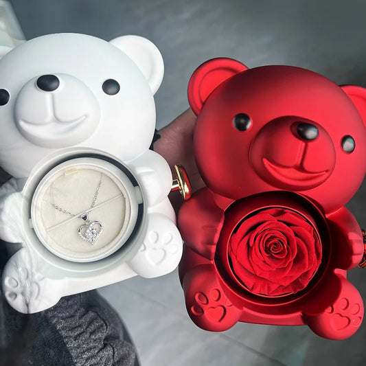 Rotating Rose Gift Box with Necklace – Love in a Teddy Bear